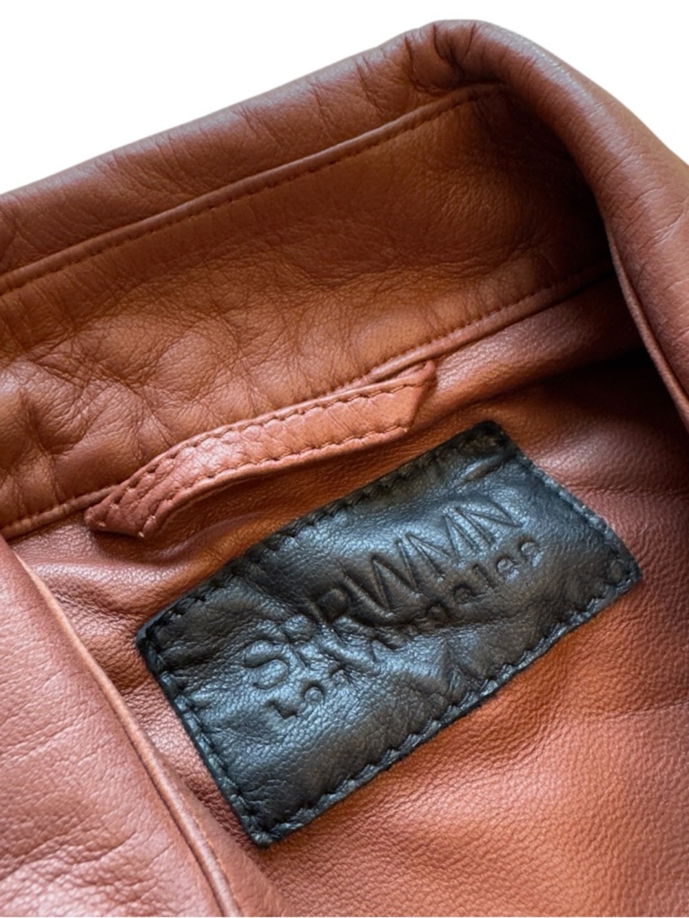 SPRWMN Brown Leather Snap Front Shirt Genuine Leather Small Quiet Luxury STAINED - Picture 11 of 16
